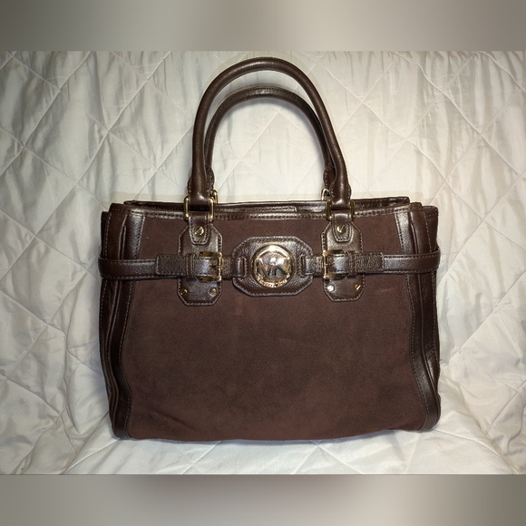 Michael Kors Large Hudson Top Zip Satchel In Coffee Suede & Leather - Picture 1 of 10